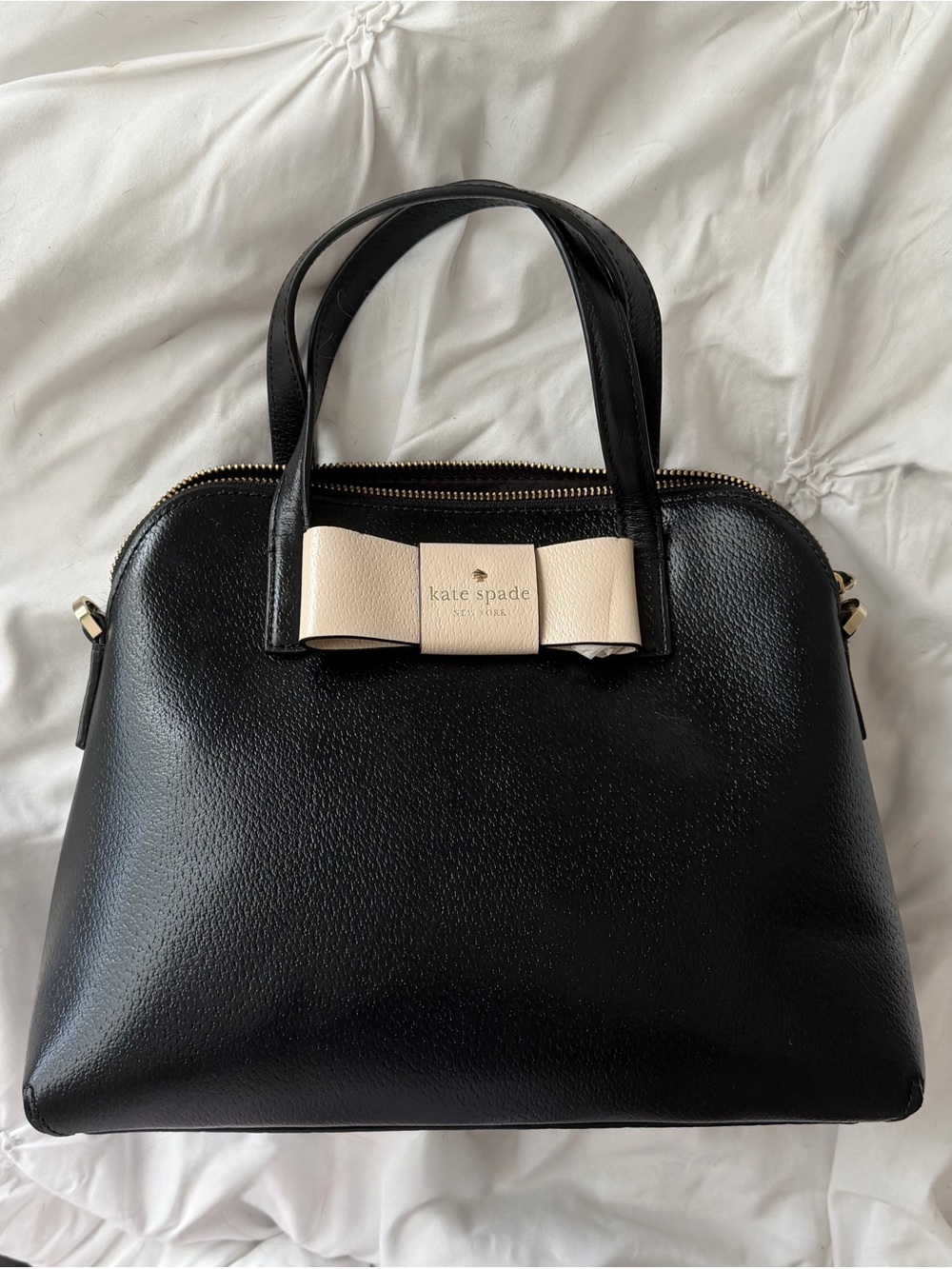 kate spade Black Leather Satchel with Cream Bow